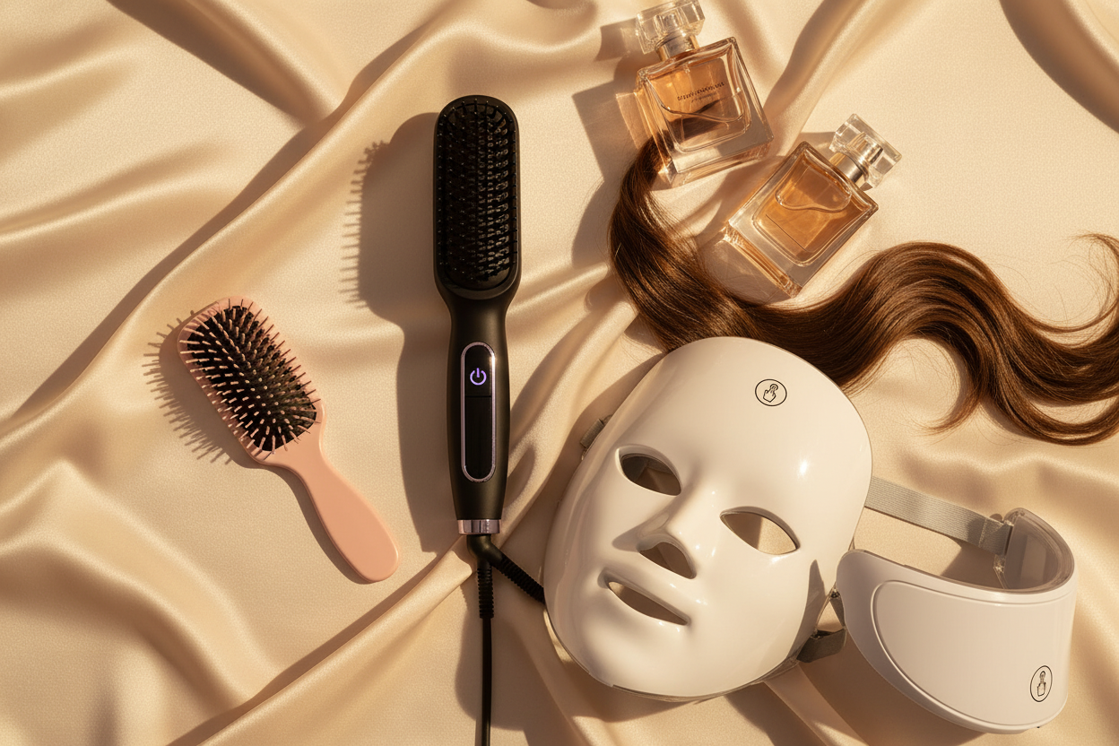 Flatlay SkinVibe propre avec masque LED